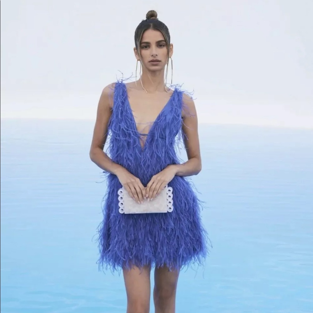 Cult Gaia Ansel Ostrich Feather Dress XS in Tahoe Blue
